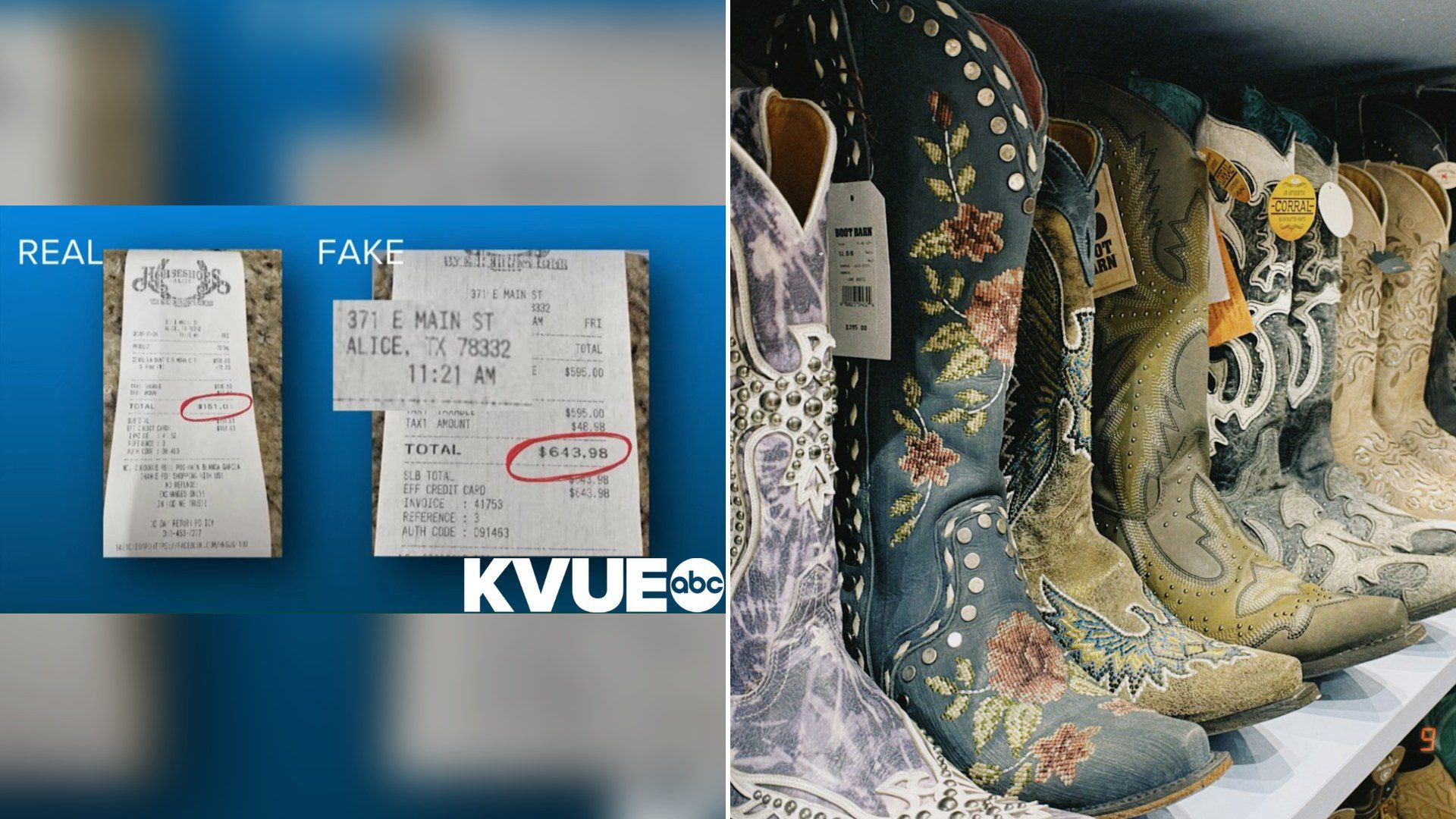 Cover of @KVUETV's YouTube video thumbnail beside an Unsplash photo by Emily Moynihan of ornate cowboy boots lined up on a store shelf