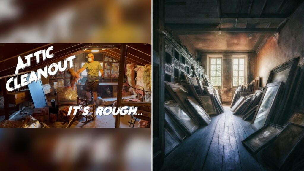 Cover of @visitourgarden's YouTube video thumbnail beside an Unsplash photo by Peter Herrmann of a dusty attic room filled with leaning framed artwork