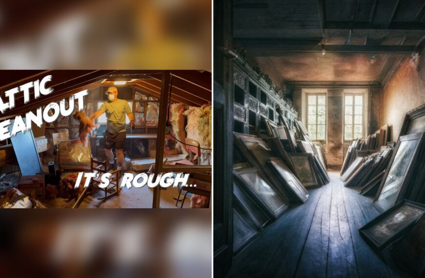 Cover of @visitourgarden's YouTube video thumbnail beside an Unsplash photo by Peter Herrmann of a dusty attic room filled with leaning framed artwork