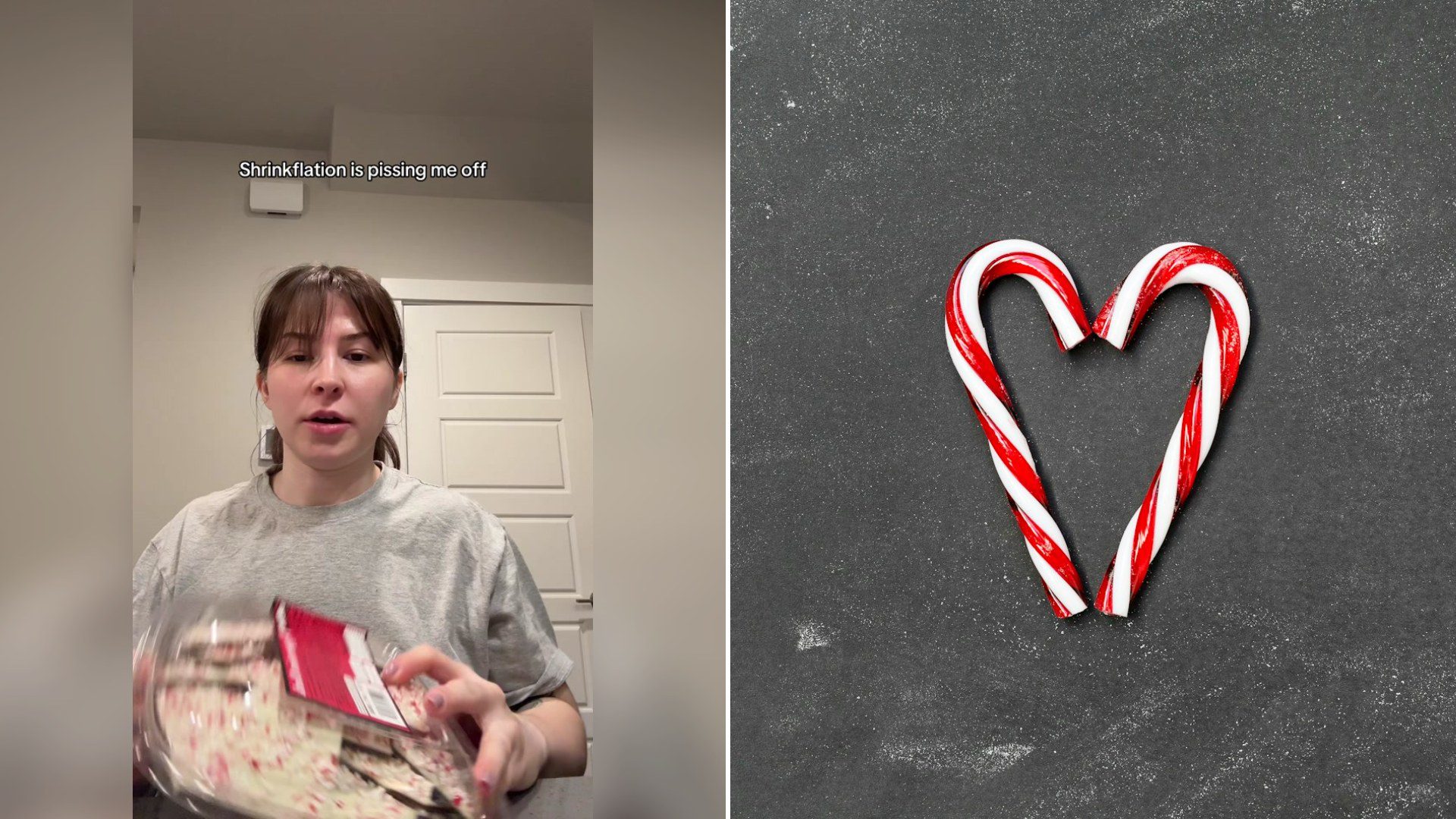 Cover of @infinitely.balanced's TikTok video beside an Unsplash photo by Neven Krcmarek of two red and white candy canes on a gray surface.