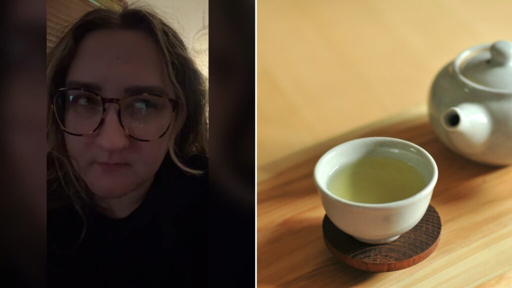 Cover of @missemilybeer's TikTok video beside an Unsplash photo by Na visky of a white ceramic teacup on a brown wooden table.