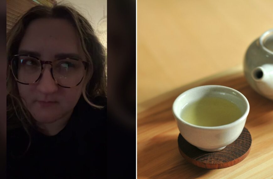 Cover of @missemilybeer's TikTok video beside an Unsplash photo by Na visky of a white ceramic teacup on a brown wooden table.
