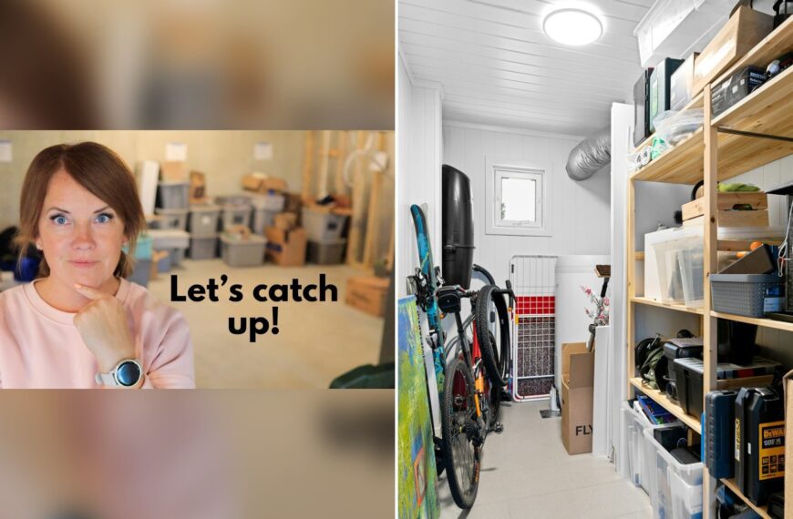 Cover of @TheMinimalMom's YouTube video thumbnail beside an Unsplash photo by Alex Tyson of a long narrow storage room lined with shelves of boxes and belongings