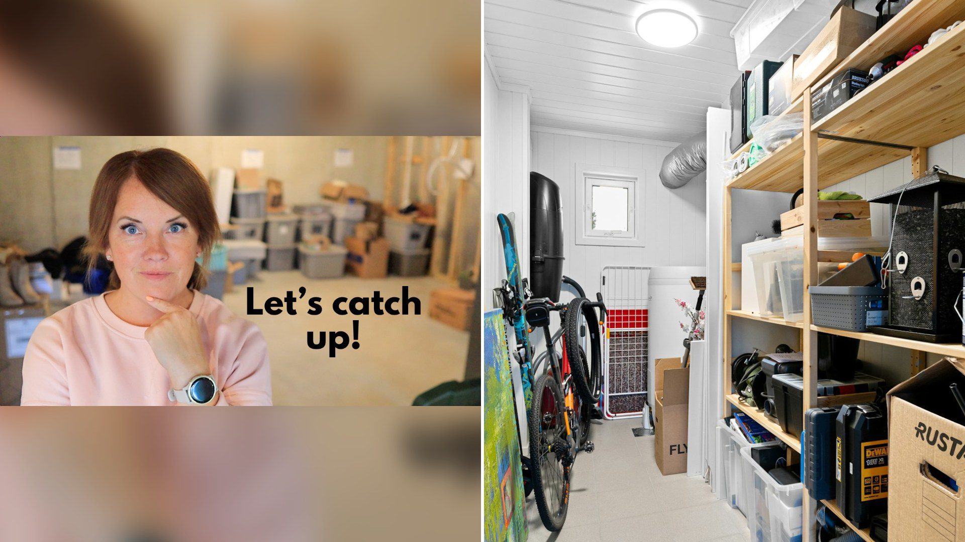 Cover of @TheMinimalMom's YouTube video thumbnail beside an Unsplash photo by Alex Tyson of a long narrow storage room lined with shelves of boxes and belongings