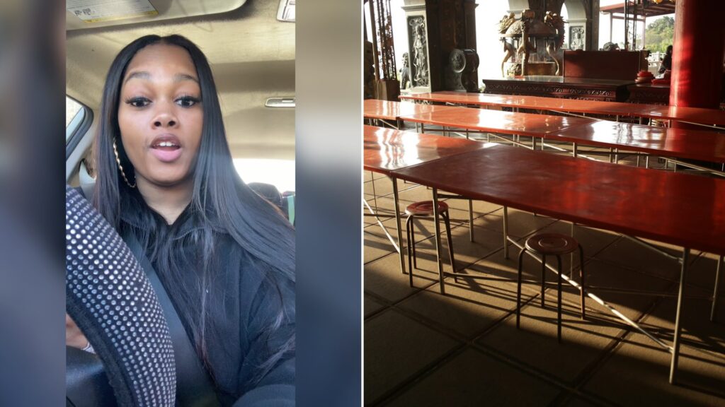 Cover of @ambryrae's TikTok video beside an Unsplash photo by MChe Lee of long red tables and stools in a sunlit restaurant room.