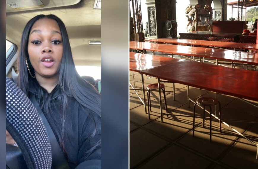 Cover of @ambryrae's TikTok video beside an Unsplash photo by MChe Lee of long red tables and stools in a sunlit restaurant room.