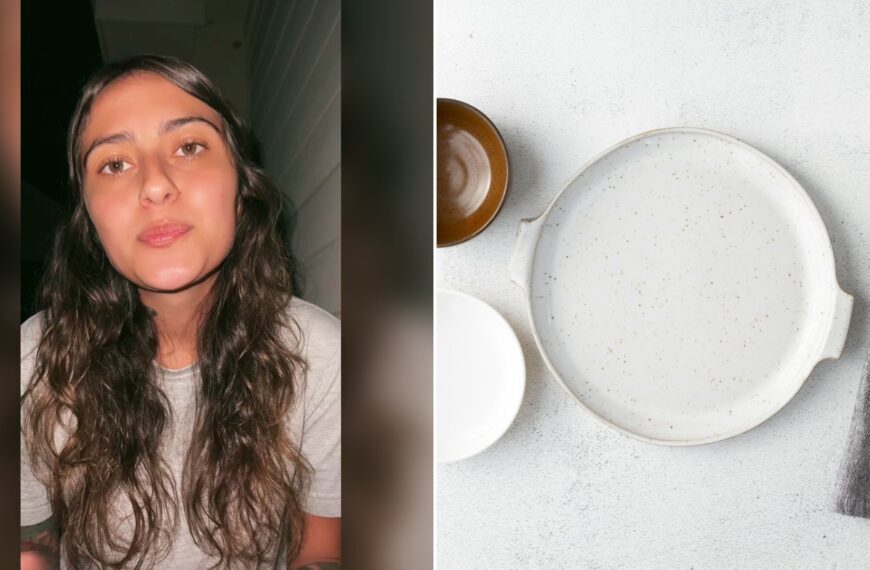 Cover of @cactustate's TikTok video beside an Unsplash photo by Kim Cruickshanks of a white ceramic plate beside a fork and bread knife.