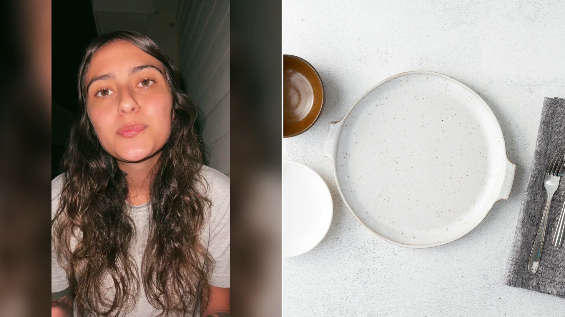 Cover of @cactustate's TikTok video beside an Unsplash photo by Kim Cruickshanks of a white ceramic plate beside a fork and bread knife.