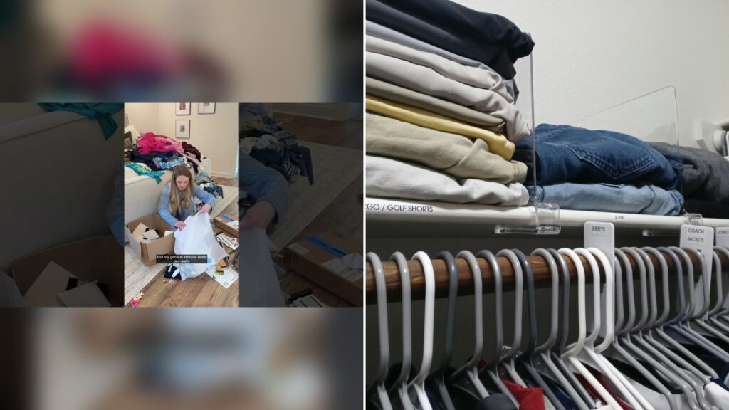 Cover of @RoutinelyRachael-s9v's YouTube video thumbnail beside an Unsplash photo by Cabri Caldwell of folded clothing stacked on a closet shelf with clear plastic dividers
