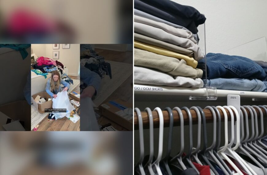 Cover of @RoutinelyRachael-s9v's YouTube video thumbnail beside an Unsplash photo by Cabri Caldwell of folded clothing stacked on a closet shelf with clear plastic dividers