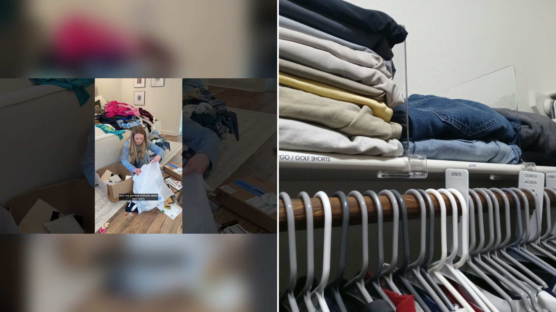 Cover of @RoutinelyRachael-s9v's YouTube video thumbnail beside an Unsplash photo by Cabri Caldwell of folded clothing stacked on a closet shelf with clear plastic dividers