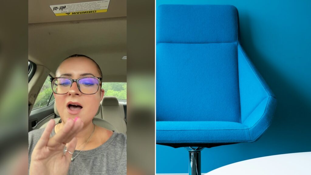 Cover of @kristenclairesophia's TikTok video beside an Unsplash photo by Pacific Office Interiors of a blue padded swivel chair leaning on a wall.