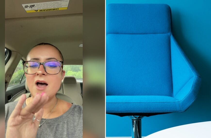 Cover of @kristenclairesophia's TikTok video beside an Unsplash photo by Pacific Office Interiors of a blue padded swivel chair leaning on a wall.
