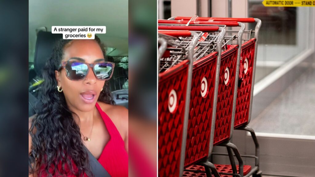 Cover of @alliepat's TikTok video beside an Unsplash photo by Abhinav Bhardwaj of a row of red shopping carts in front of a store.