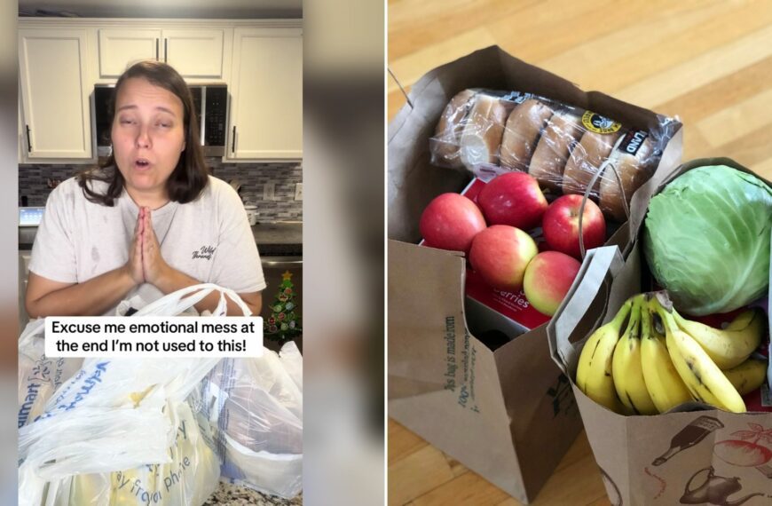 Cover of @treva722's TikTok video beside an Unsplash photo by Maria Lin Kim of paper bags filled with fruit, vegetables and bread.