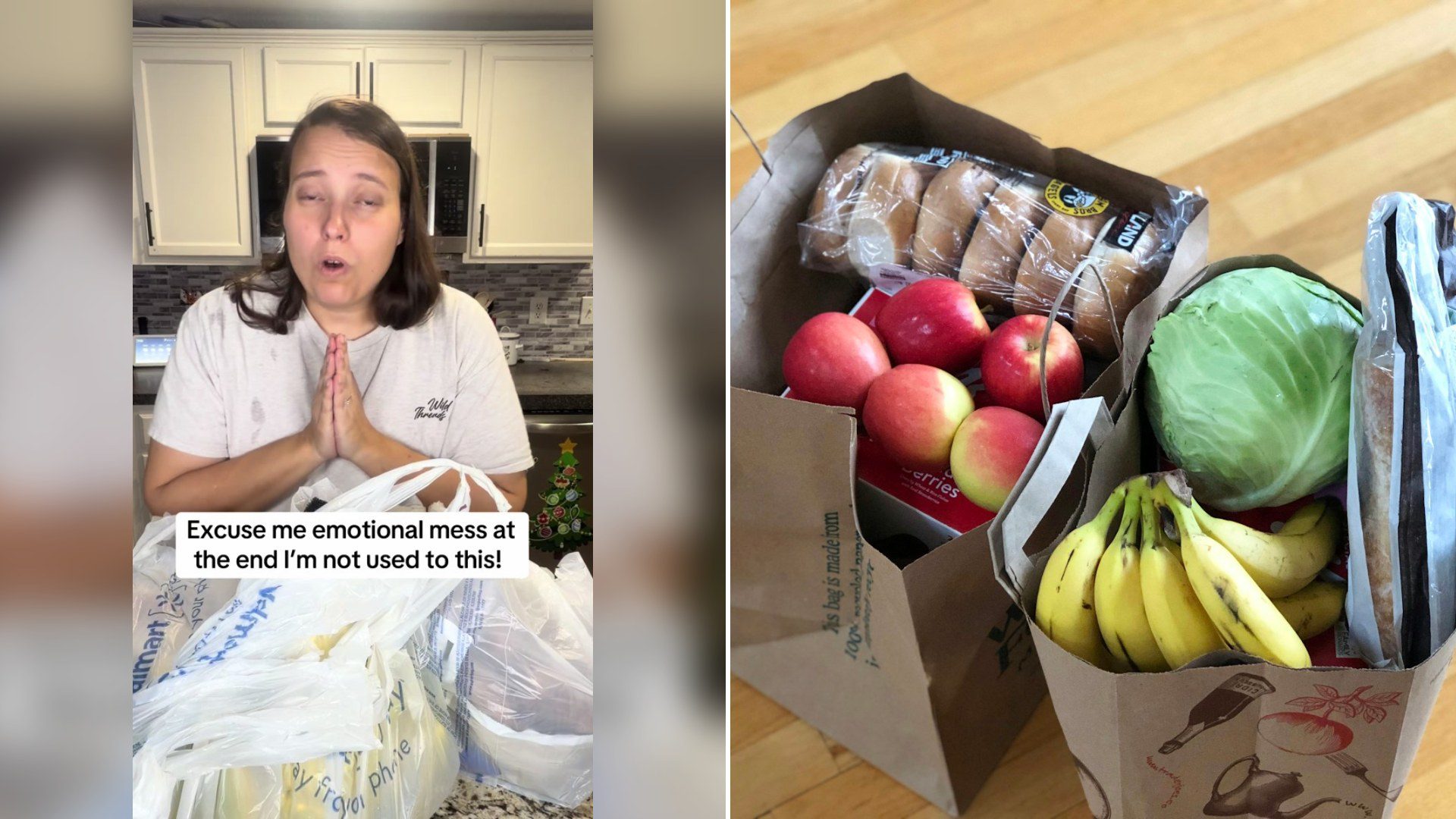 Cover of @treva722's TikTok video beside an Unsplash photo by Maria Lin Kim of paper bags filled with fruit, vegetables and bread.