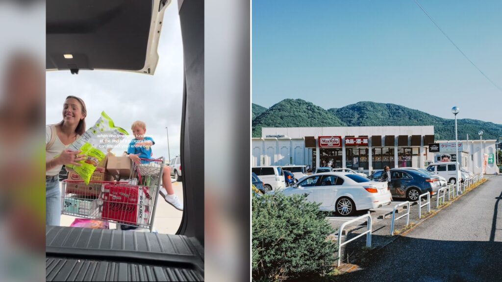 Cover of @chey.powers's TikTok video beside an Unsplash photo by PJH of a parking lot in front of a building with mountains behind.