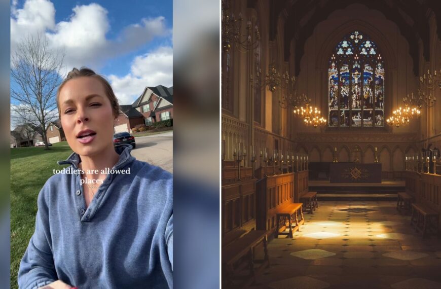 Cover of @lauraelizabethgraham's TikTok video beside an Unsplash photo by Jack Gardner of a church with stained glass windows and pews.