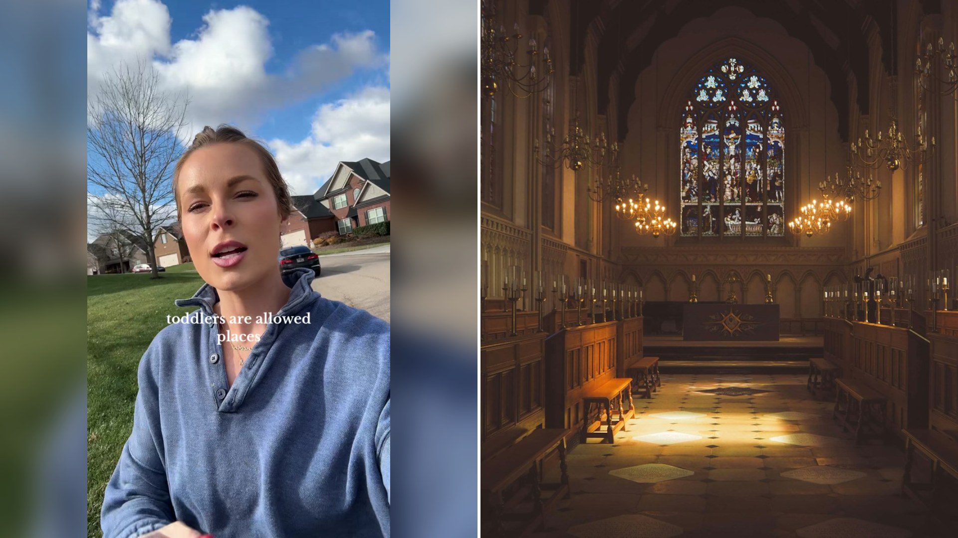 Cover of @lauraelizabethgraham's TikTok video beside an Unsplash photo by Jack Gardner of a church with stained glass windows and pews.