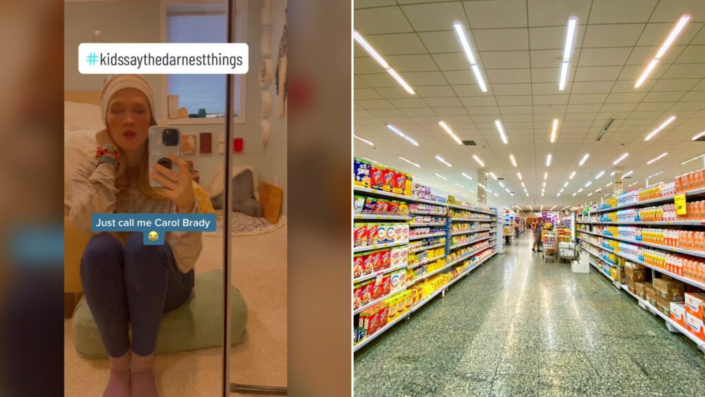 Cover of @month.of.mae.lm's TikTok video beside an Unsplash photo by Nathália Rosa of a grocery store aisle with shelves stocked with cereal boxes and milk cartons.