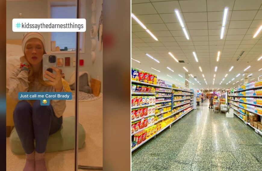 Cover of @month.of.mae.lm's TikTok video beside an Unsplash photo by Nathália Rosa of a grocery store aisle with shelves stocked with cereal boxes and milk cartons.
