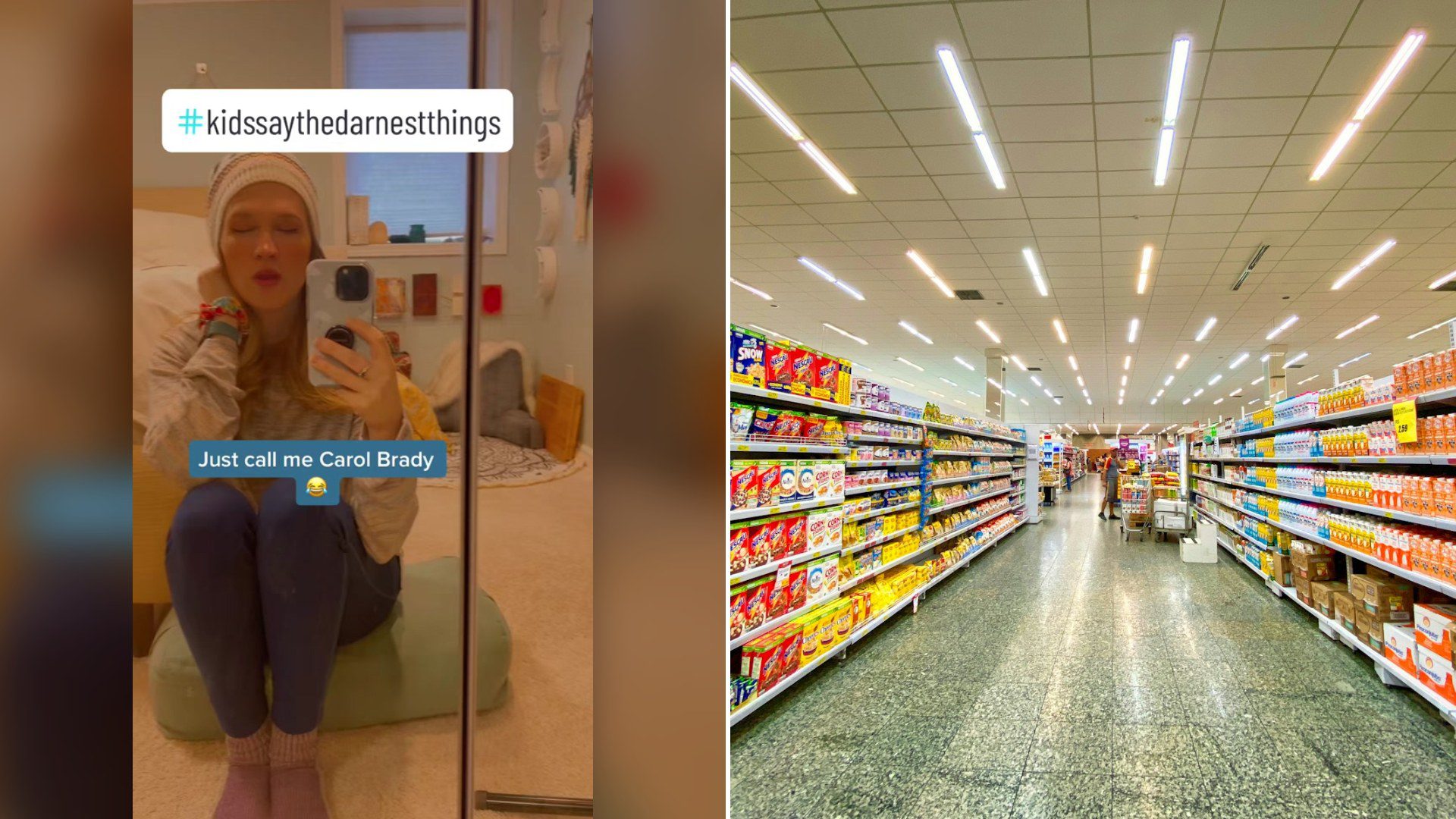 Cover of @month.of.mae.lm's TikTok video beside an Unsplash photo by Nathália Rosa of a grocery store aisle with shelves stocked with cereal boxes and milk cartons.