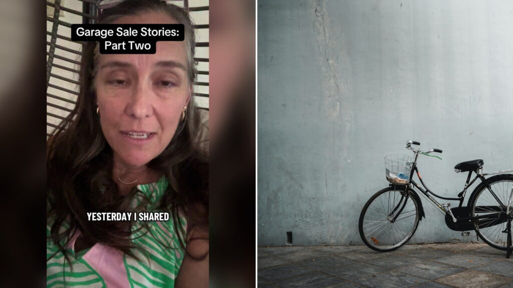 Cover of @mellanyflagler's TikTok video beside an Unsplash photo by Abhishek Ravi of a vintage bicycle leaning against a textured wall.