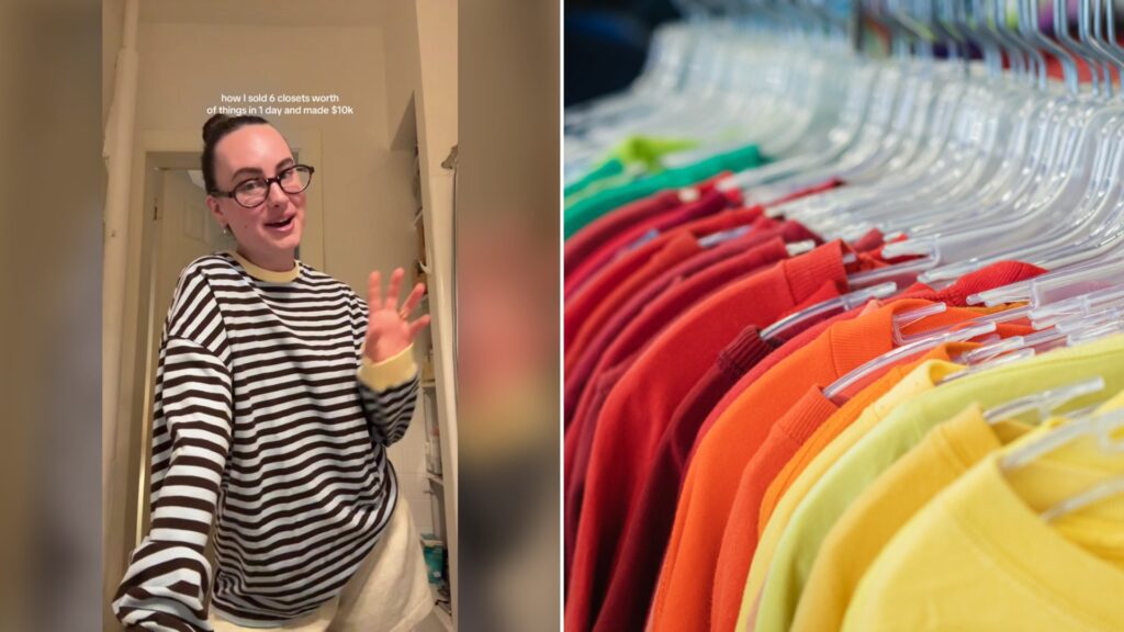 Cover of @christine_bonarrigo's TikTok video beside an Unsplash photo by Greg Rosenke of a colorful rainbow of t-shirts on a clothing rack.