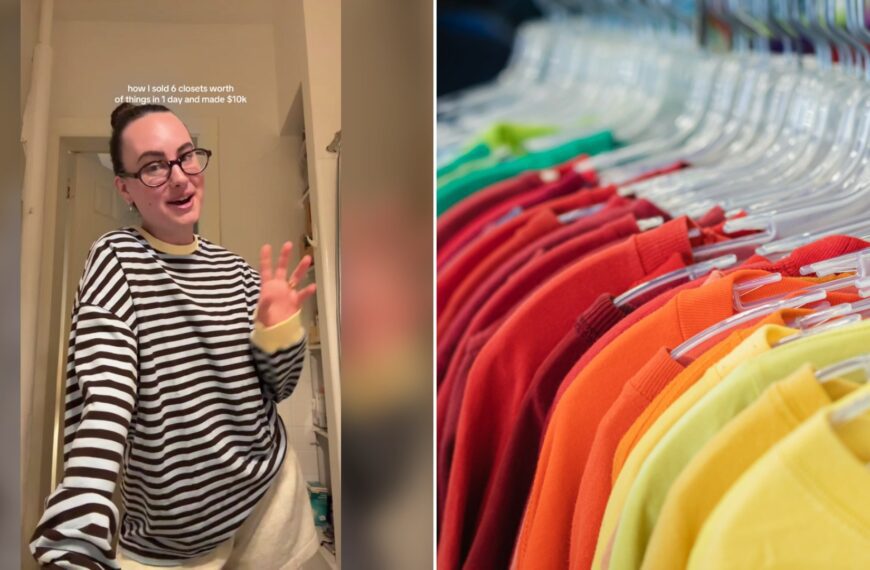 Cover of @christine_bonarrigo's TikTok video beside an Unsplash photo by Greg Rosenke of a colorful rainbow of t-shirts on a clothing rack.