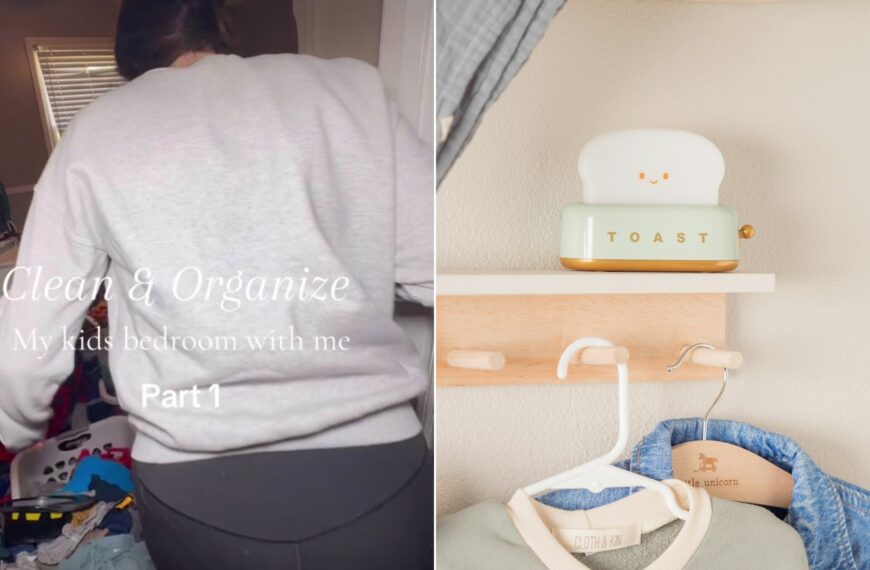 Cover of @baylee.michelle24's TikTok video beside an Unsplash photo by Justin Simmonds of a nursery with folded clothes on shelves.