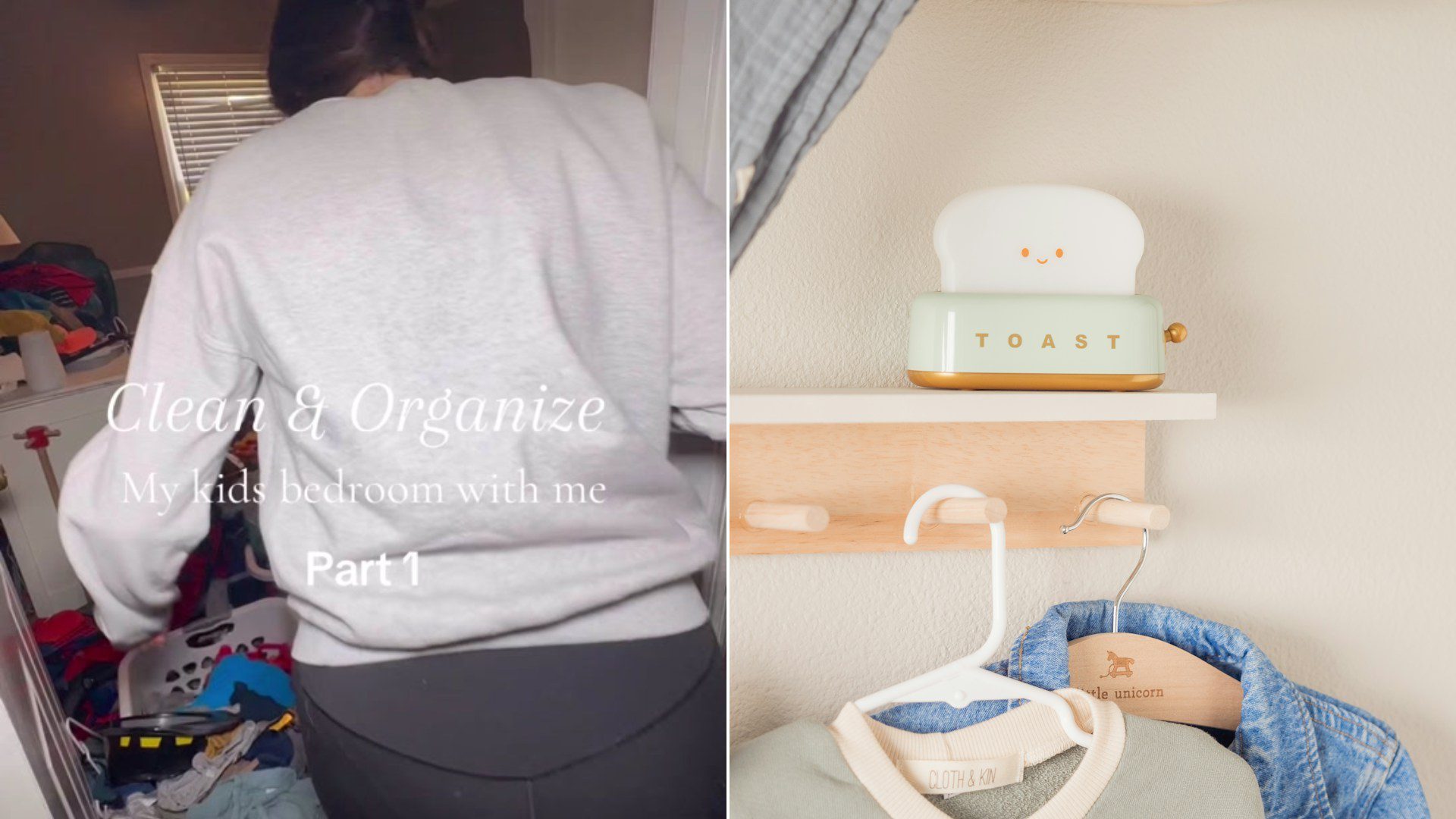 Cover of @baylee.michelle24's TikTok video beside an Unsplash photo by Justin Simmonds of a nursery with folded clothes on shelves.