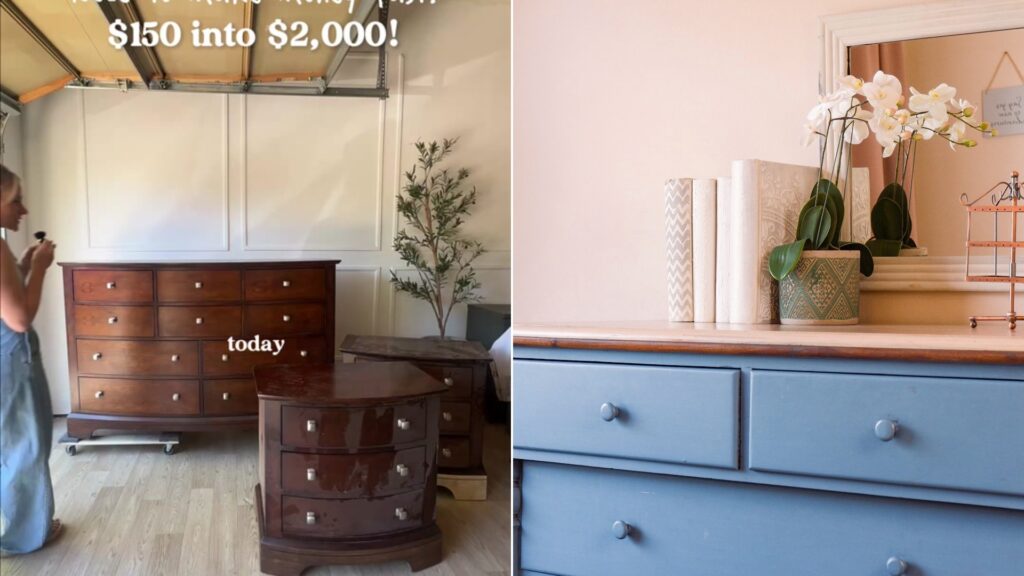 Cover of @jessijeanhome's TikTok video beside an Unsplash photo by Juan Smith of a blue painted dresser with flowers on top.