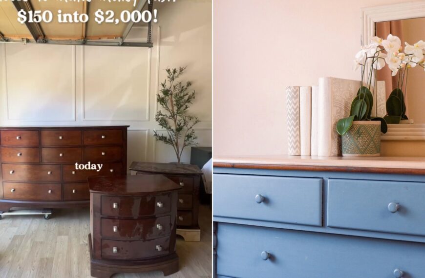 Cover of @jessijeanhome's TikTok video beside an Unsplash photo by Juan Smith of a blue painted dresser with flowers on top.