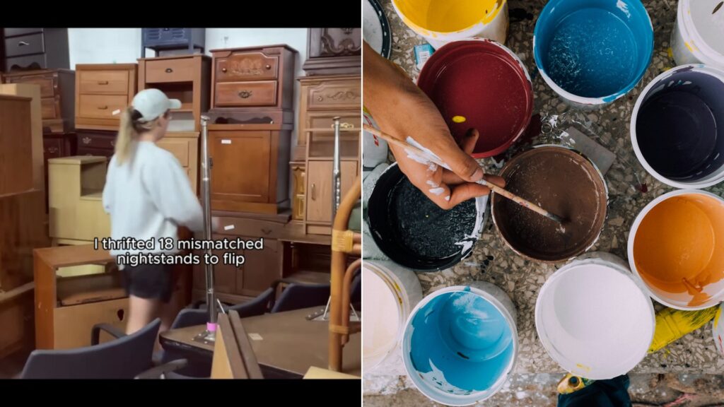 Cover of @flipingwithkatie's TikTok video beside an Unsplash photo by russn_fckr of many pots of assorted-color paint.