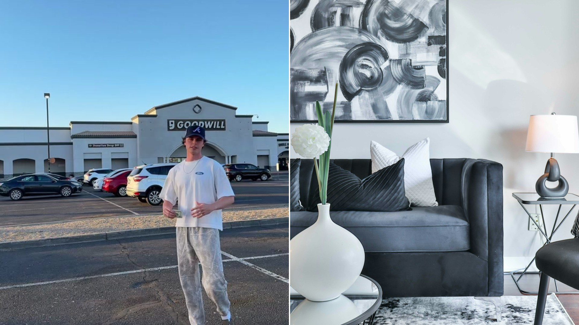 Cover of @jakesjunk's TikTok video beside an Unsplash photo by Lotus Design N Print of a black couch in a living room.