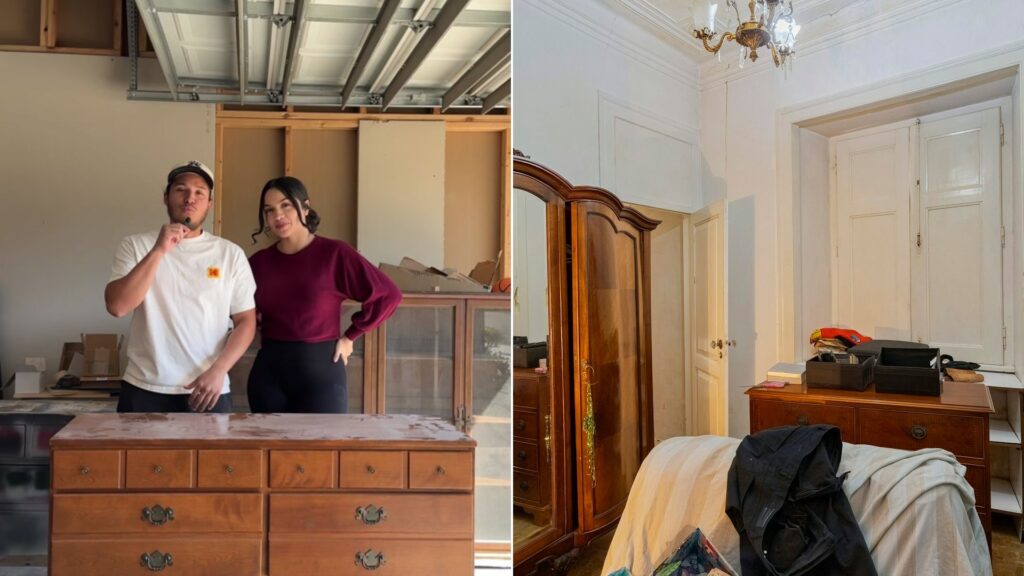 Cover of @lifeonmod's TikTok video beside an Unsplash photo by Jessica Martins of antique wooden furniture in a bedroom.