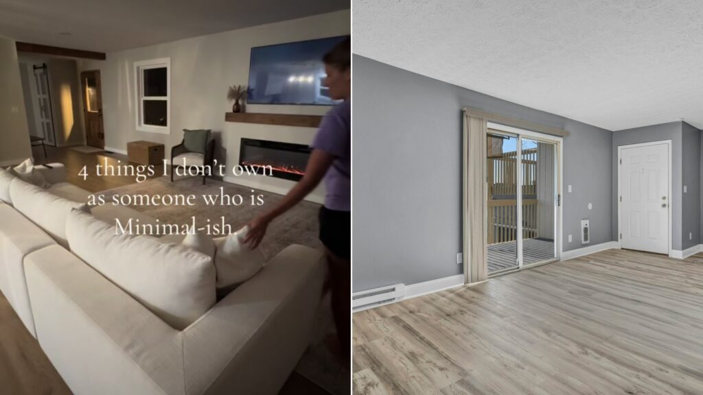 Cover of @taylor.godinez's TikTok video beside an Unsplash photo by Josh Lemmon of an empty living room with gray walls and a sliding glass door.