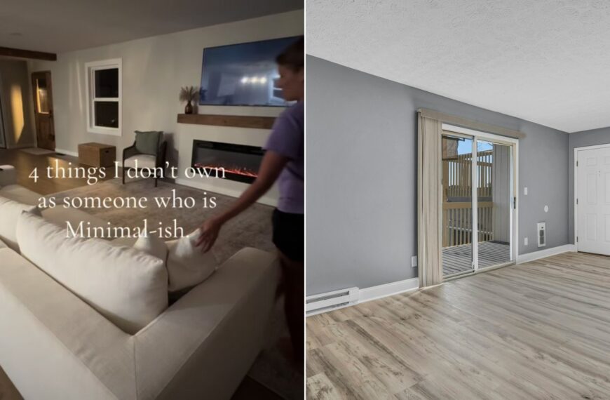 Cover of @taylor.godinez's TikTok video beside an Unsplash photo by Josh Lemmon of an empty living room with gray walls and a sliding glass door.