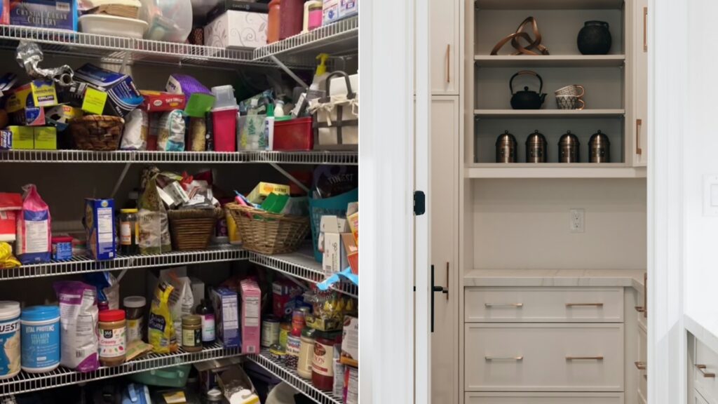 Cover of @tidycademypro's TikTok video beside an Unsplash photo by Franco Debartolo of a modern pantry with open shelving and drawers.