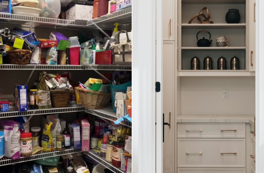 Cover of @tidycademypro's TikTok video beside an Unsplash photo by Franco Debartolo of a modern pantry with open shelving and drawers.