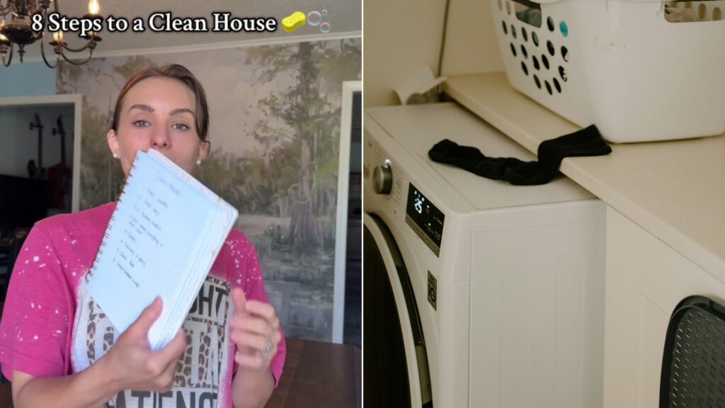 Cover of @.kalliedanielle's TikTok video beside an Unsplash photo by Annie Spratt of a white washing machine with a laundry basket and a sock.