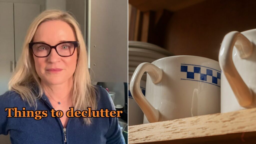 Cover of @tracymccubbin's TikTok video beside an Unsplash photo by Arturo Añez of a shelf filled with white and blue coffee mugs.