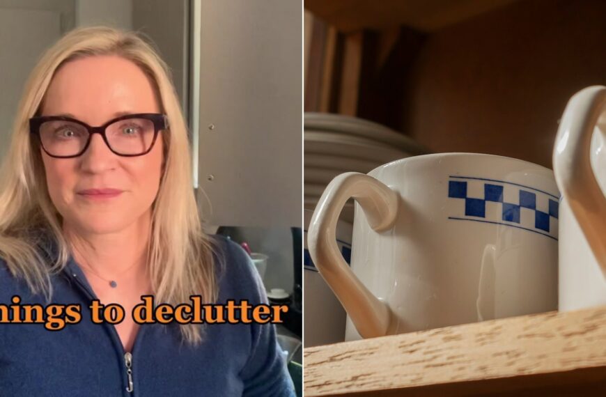 Cover of @tracymccubbin's TikTok video beside an Unsplash photo by Arturo Añez of a shelf filled with white and blue coffee mugs.