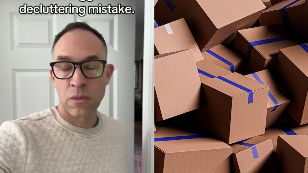 Cover of @geoff.organizer's TikTok video beside an Unsplash photo by Rohit Choudhari of a large pile of brown cardboard shipping boxes with blue tape.