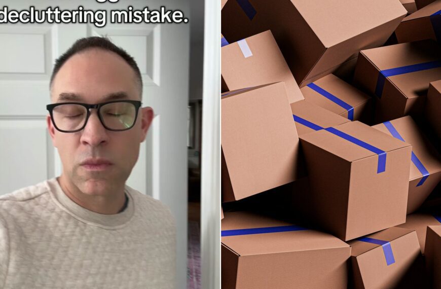 Cover of @geoff.organizer's TikTok video beside an Unsplash photo by Rohit Choudhari of a large pile of brown cardboard shipping boxes with blue tape.