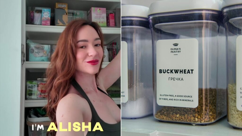 Cover of @alishamarie's TikTok video beside an Unsplash photo by Tamara Malaniy of two clear glass pantry jars on a white shelf.