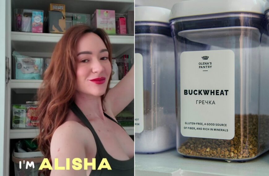 Cover of @alishamarie's TikTok video beside an Unsplash photo by Tamara Malaniy of two clear glass pantry jars on a white shelf.