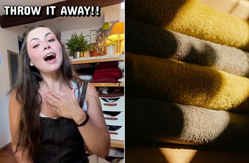 Cover of @wonderlandallys's TikTok video beside an Unsplash photo by Anton Ryazanov of a stack of yellow and grey towels in warm sunlight.