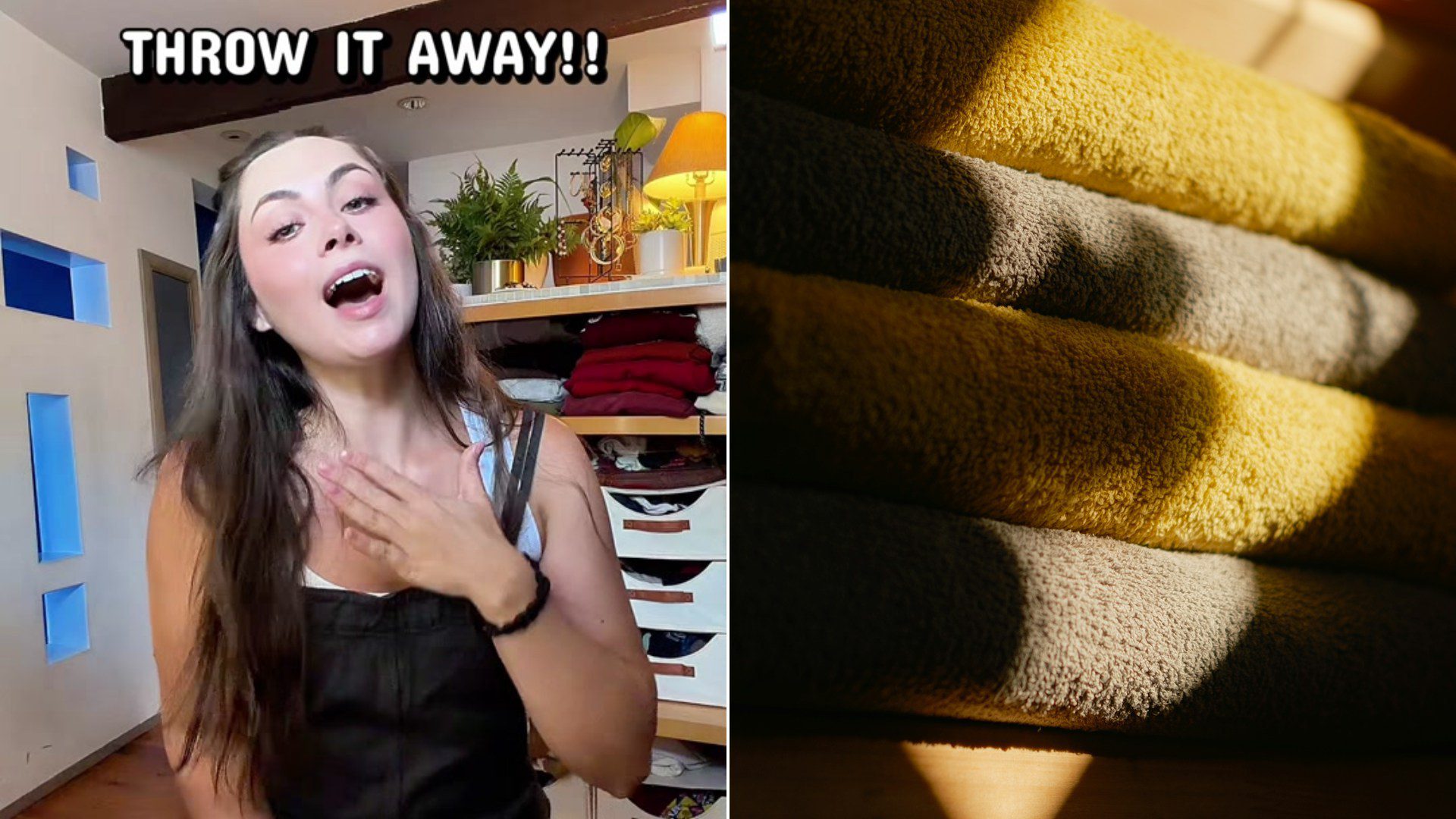 Cover of @wonderlandallys's TikTok video beside an Unsplash photo by Anton Ryazanov of a stack of yellow and grey towels in warm sunlight.