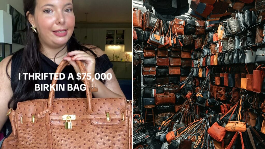 Cover of @marewood's TikTok video beside an Unsplash photo by Clay Banks of leather handbags for sale in a small shop.